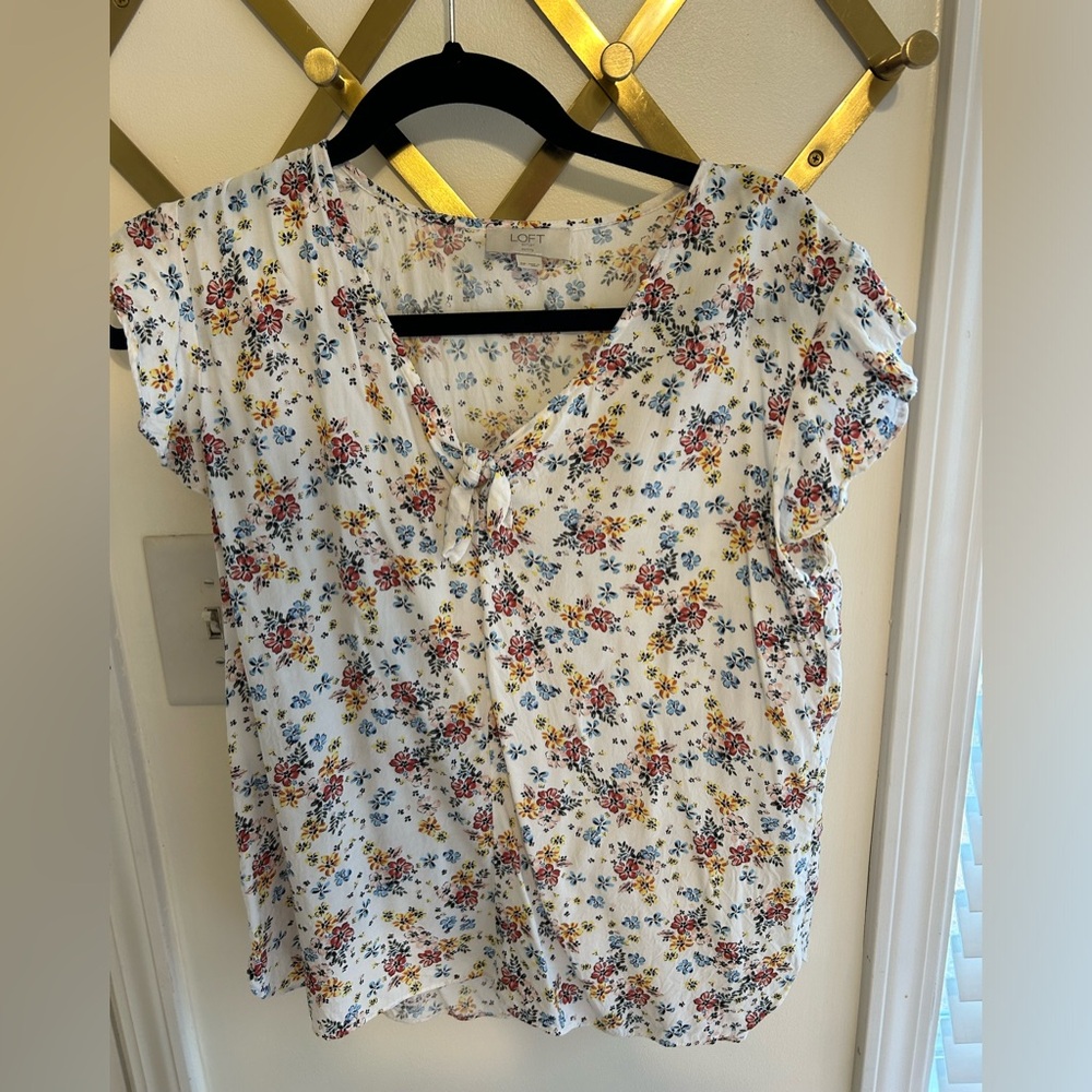 Loft white top with pastel flowers and tie neck